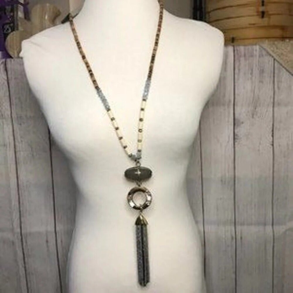 Jules B. Tassel Pendant Wooden Beaded Necklace NWT